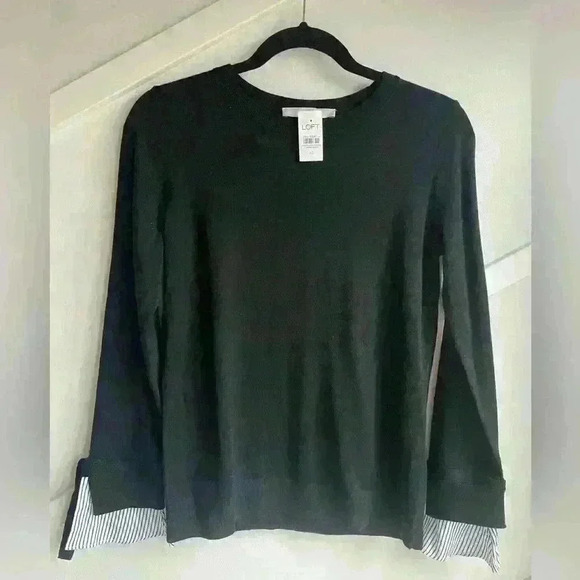 LOFT Tie Cuff Mixed Media Sweater Size XS Black Blue Long Sleeve Pullover  Top - Picture 7 of 10